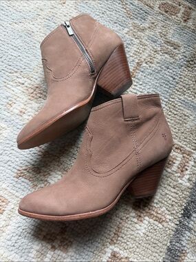 Frye Tan Leather Pointed Ankle Booties with Side Zip